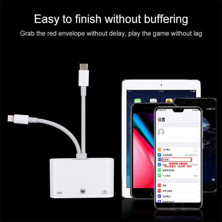 NK-107 Pro 3 in 1 USB-C / Type-C + 8 Pin Male to USB + RJ45 + 8 Pin Charging Female Interface Adapter by bashfashion