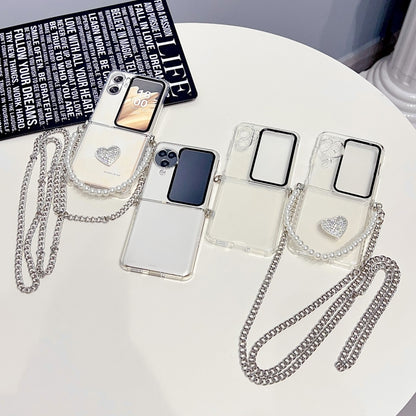 For OPPO Find N2 Flip TPU DIY Flash Diamond Love Hinge Buckle Phone Case with Long and Short Chain(Transparent) by bashfashion