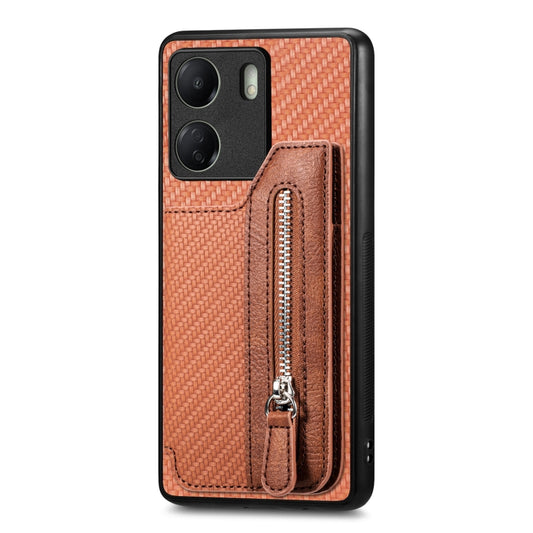 For Xiaomi Redmi 13C Carbon Fiber Flip Zipper Wallet Phone Case(Brown) by bashfashion