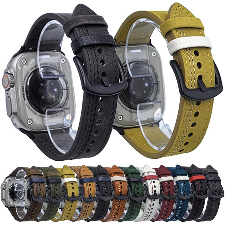 For Apple Watch 42mm / 41mm / 40mm / 38mm 7-Line Tri-Star Buckle Pull Up Leather Watch Band(Black Red Thread) by bashfashion