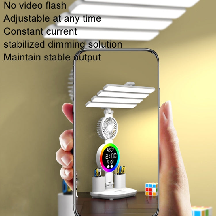 4 Heads Horizontal LED Eye-Care Table Lamp Children Study Desktop Reading Light With Pen Holder, Style: Fan Clock Rechargeable 2000mAh by bashfashion